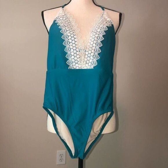 Sea Angel Size Small Swimsuit One Piece Green Teal Crochet Trim NEW Beach Boho - Picture 5 of 6
